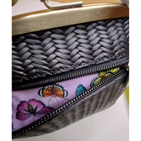 ANNA ANUSCHKA Bag Black Crossbody Woven Leather w Clasp Butterfly Lining  NEW - Picture 6 of 16